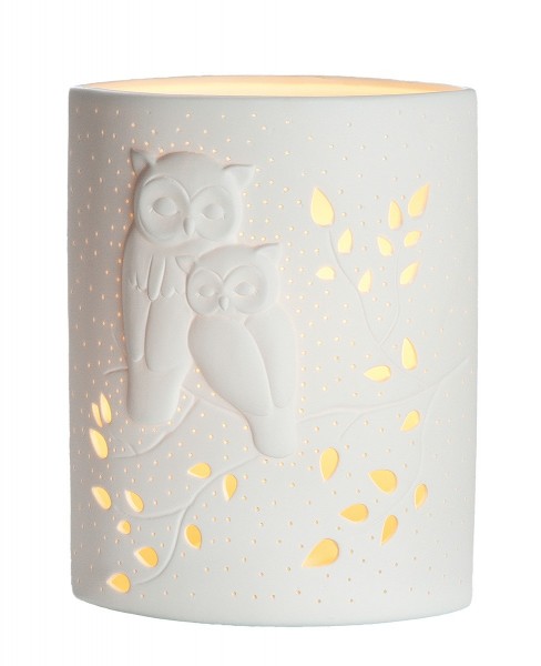 GILDE Porzellan Lampe Ellipse Eulenpaar weiß 28cm 32277 