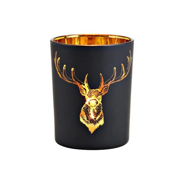 Windlicht Hirsch Dekor aus Glas schwarz, gold 10x12x10cm 10032915 